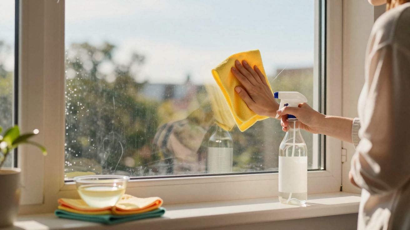 Pessoa a limpar uma janela com um pano amarelo e um pulverizador, luz natural entra pela janela.