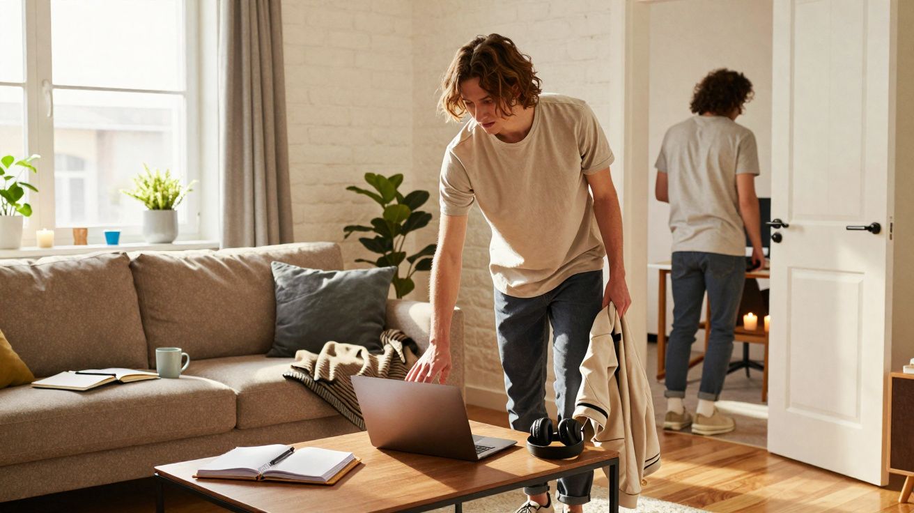 Jovem a trabalhar em laptop numa sala de estar moderna e iluminada, com sofá e plantas.