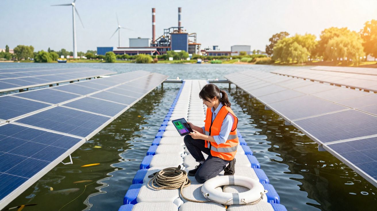 Engenheira a verificar painéis solares flutuantes numa ponteira rodeada de água, com turbinas e fábrica ao fundo.