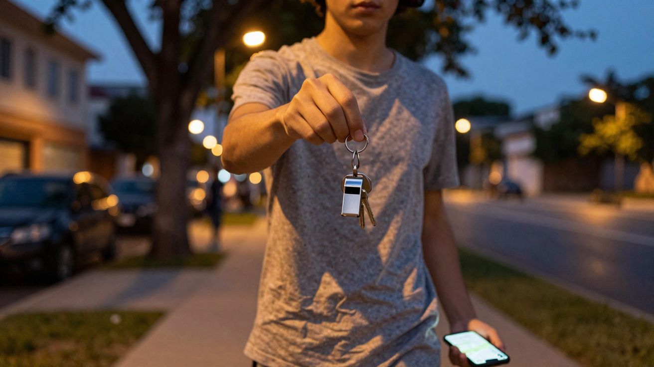 Pessoa a segurar um chaveiro com chaves e apito numa rua residencial ao anoitecer.