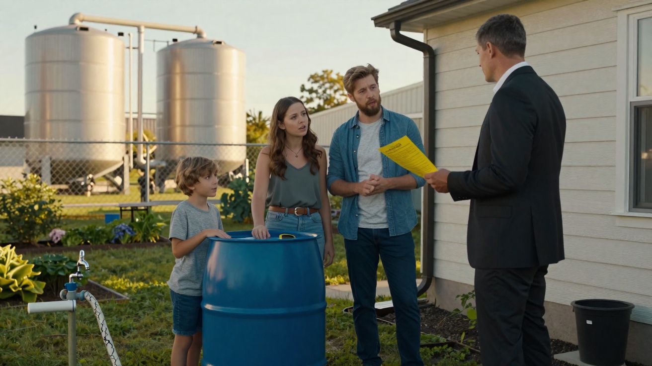 Homem de fato entrega papel a casal e criança junto a barril azul no exterior de casa.