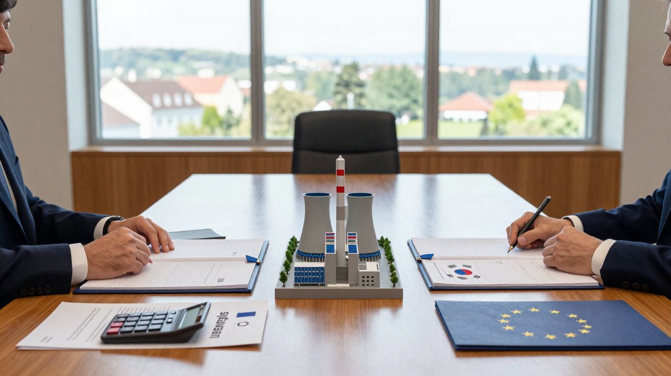 Duas pessoas sentadas numa mesa com documentos oficiais, miniatura de central nuclear e bandeira da União Europeia.