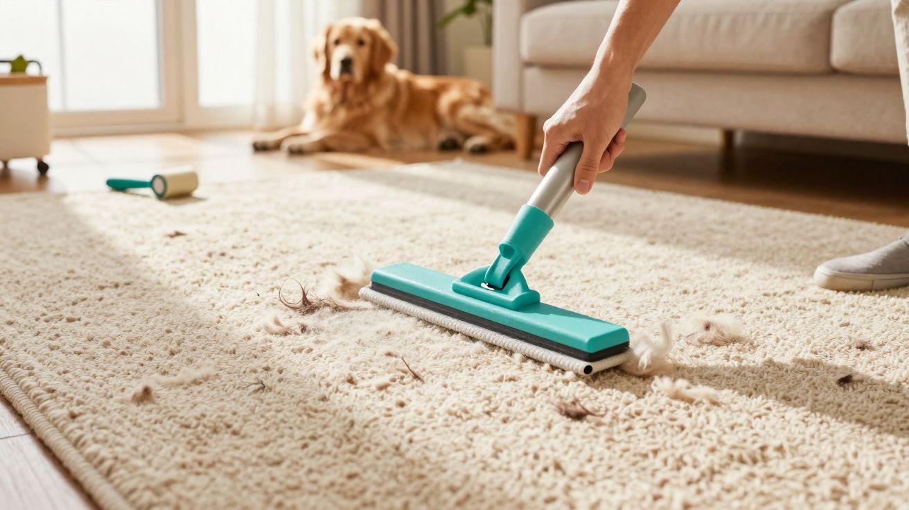 Pessoa a limpar pelo de cão num tapete bege com escova verde, cachorro dourado ao fundo.