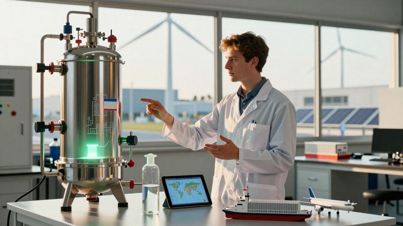 Cientista em bata branca observa equipamento industrial com luz verde e modelos de navio e avião na mesa.