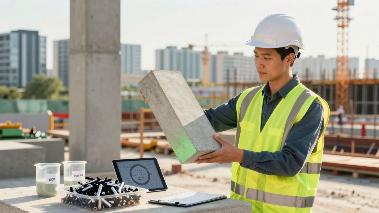 Engenheiro com capacete e colete refletor a analisar bloco de cimento num estaleiro de construção.