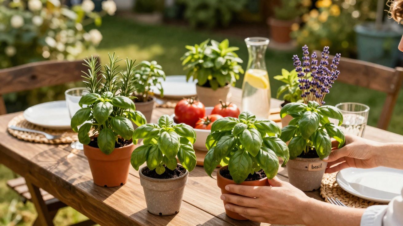 Plantas aromáticas em vasos sobre mesa de madeira num jardim, com mãos a tocar num vaso de manjericão.