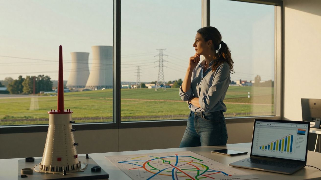 Mulher a pensar junto a maquete e laptop com gráficos, janela mostra centrais nucleares ao longe.