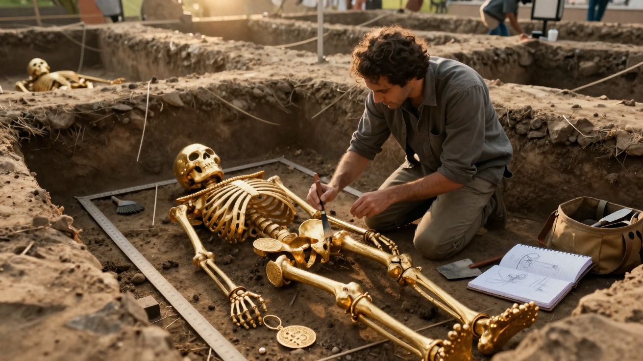 Arqueólogo escava e estuda esqueleto dourado num sítio arqueológico ao ar livre ao pôr do sol.
