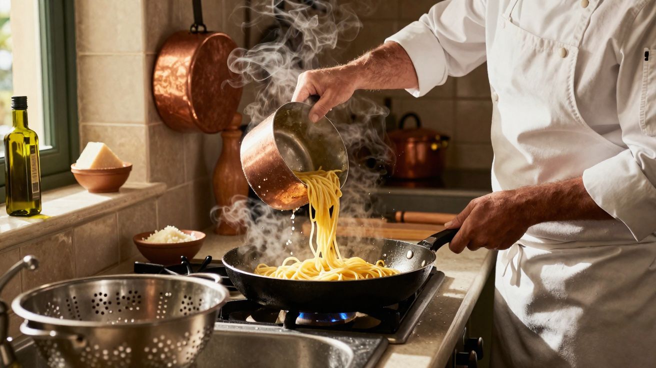 Cozinheiro a escorrer esparguete quente numa frigideira numa cozinha tradicional com utensílios de cobre.
