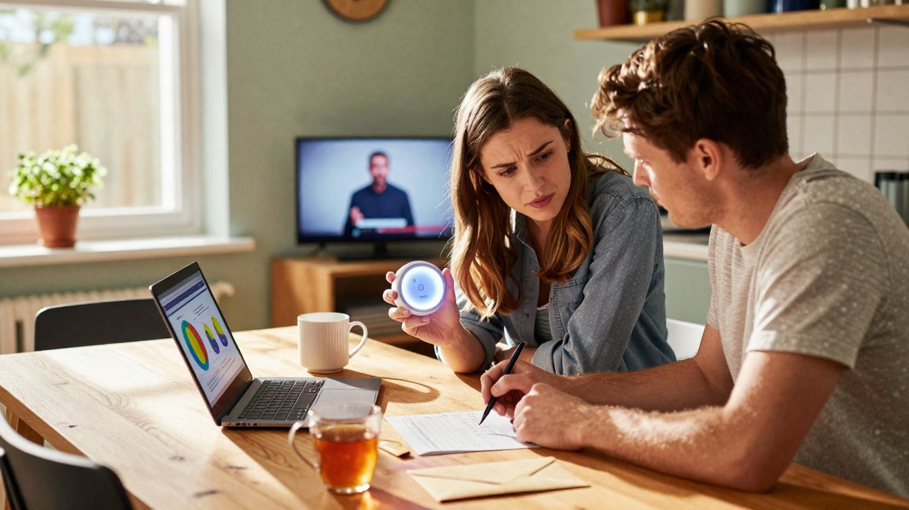 Casal sentado à mesa a analisar contas com portátil, chá e dispositivo inteligente numa cozinha iluminada.