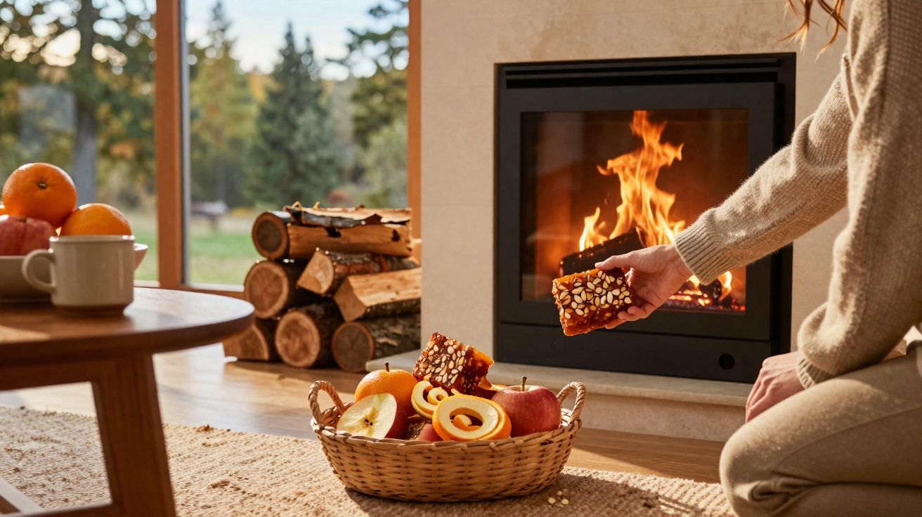 Pessoa junto à lareira acende fogo com pedaço de noz e fruta seca em cesta de vime no chão.