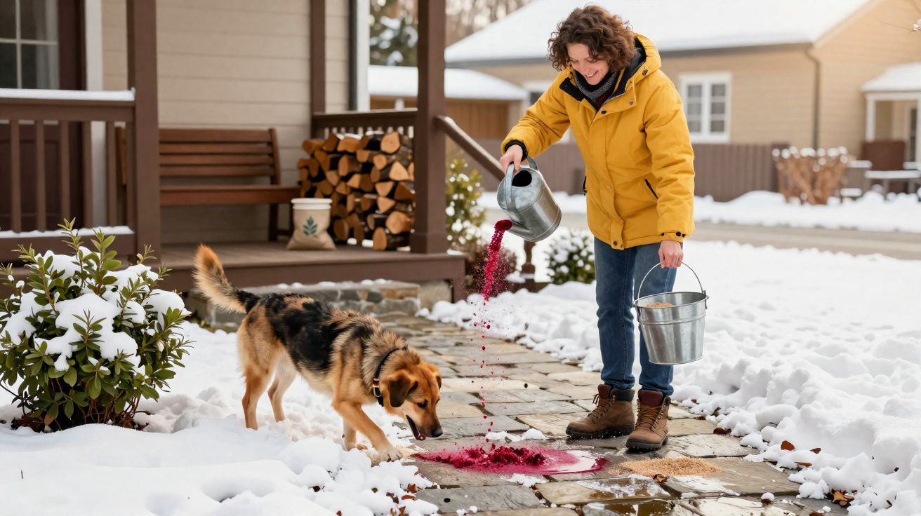 Pessoa a espalhar sal vermelho numa calçada nevada para evitar gelo, com cão ao lado.