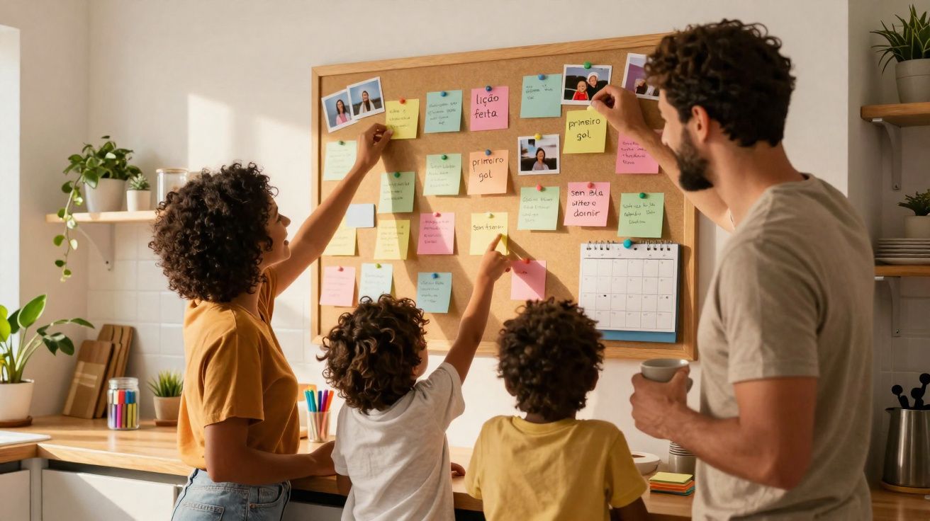 Família com duas crianças a organizar notas coloridas num quadro de cortiça numa cozinha iluminada.