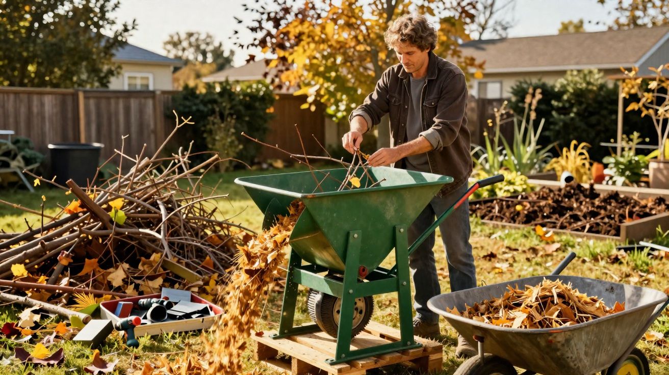 Homem a triturar ramos secos com máquina de jardim num terreno ensolarado de outono.
