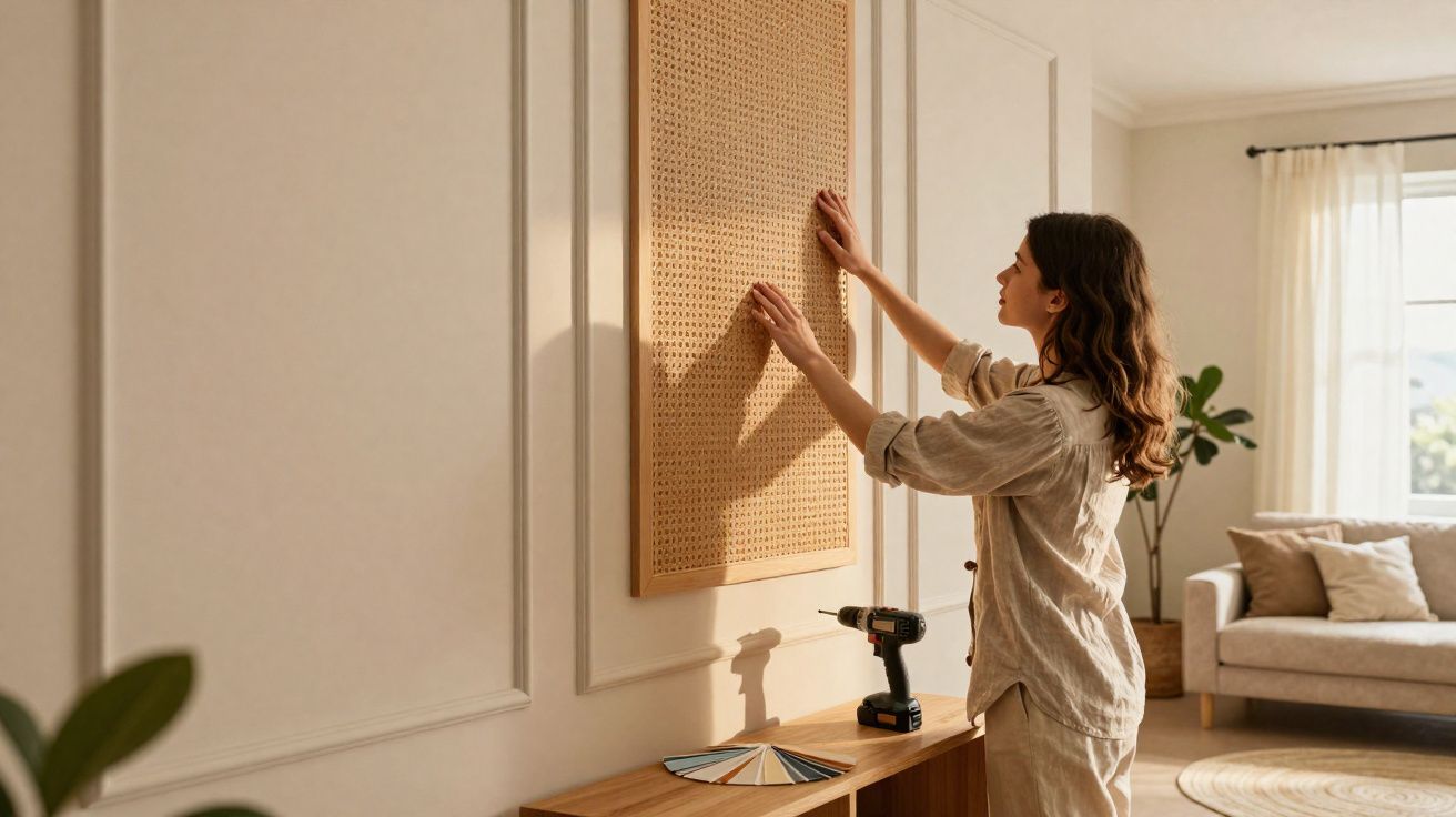 Mulher a pendurar painel decorativo em sala de estar luminosa e moderna.