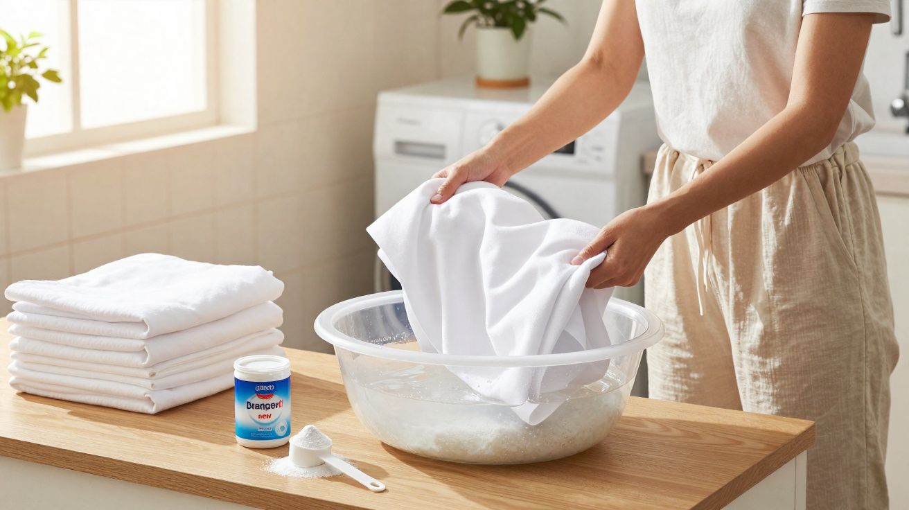 Pessoa a lavar roupa branca numa bacia, com pó de detergente e roupa dobrada numa bancada de cozinha.
