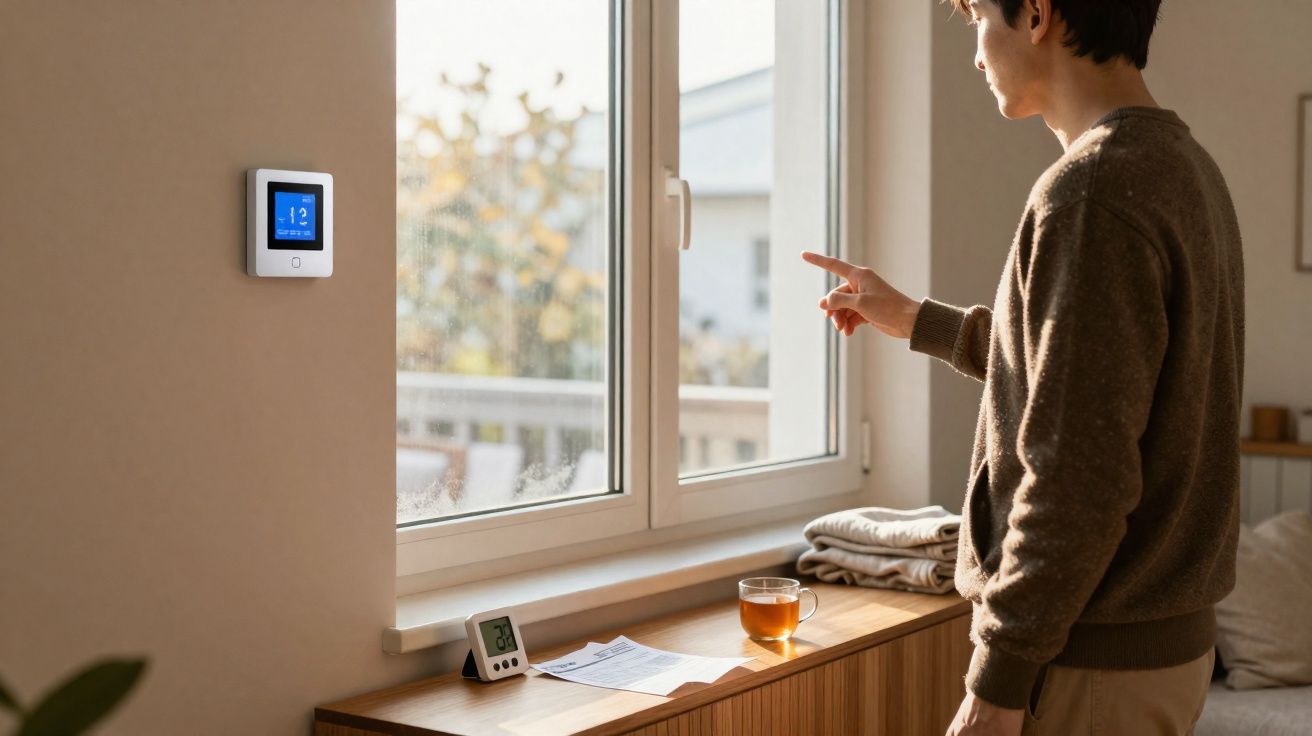 Pessoa ajusta termostato digital numa sala luminosa com janela grande e superfície com chá e documentos.