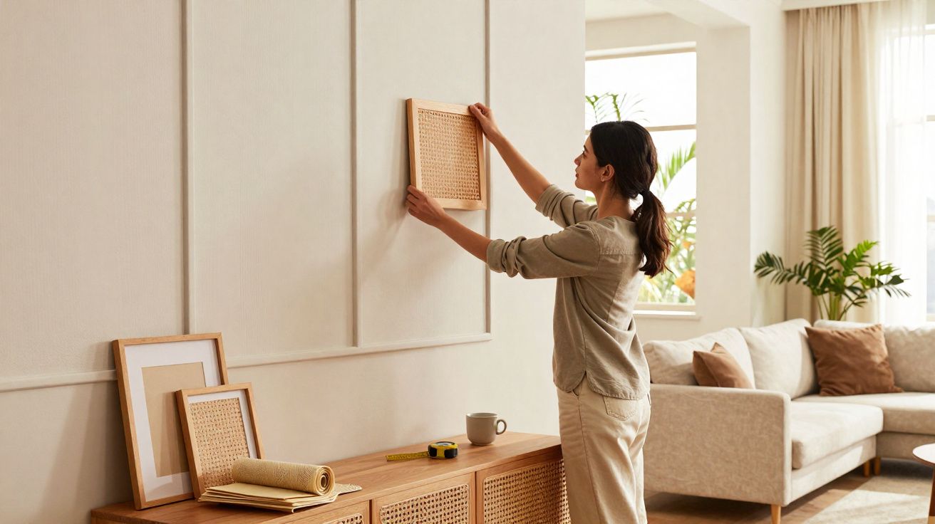 Mulher a pendurar quadro de palhinha numa parede numa sala com sofá e plantas.