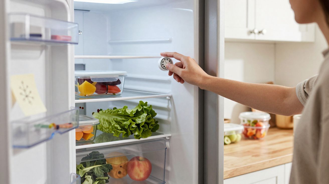 Pessoa a ajustar a temperatura de um frigorífico aberto com legumes e frutas no interior.