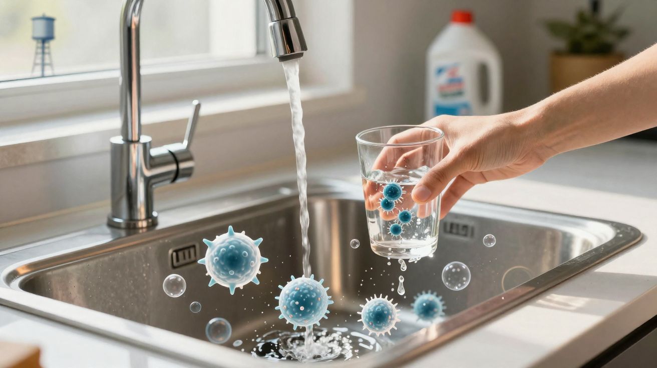 Mãos seguram copo de água na torneira da cozinha com ilustrações de vírus representando contaminação.