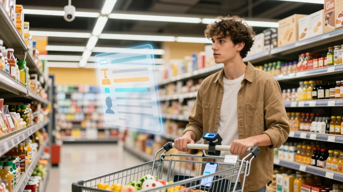 Jovem a fazer compras num supermercado com carrinho e interface digital holográfica visível.