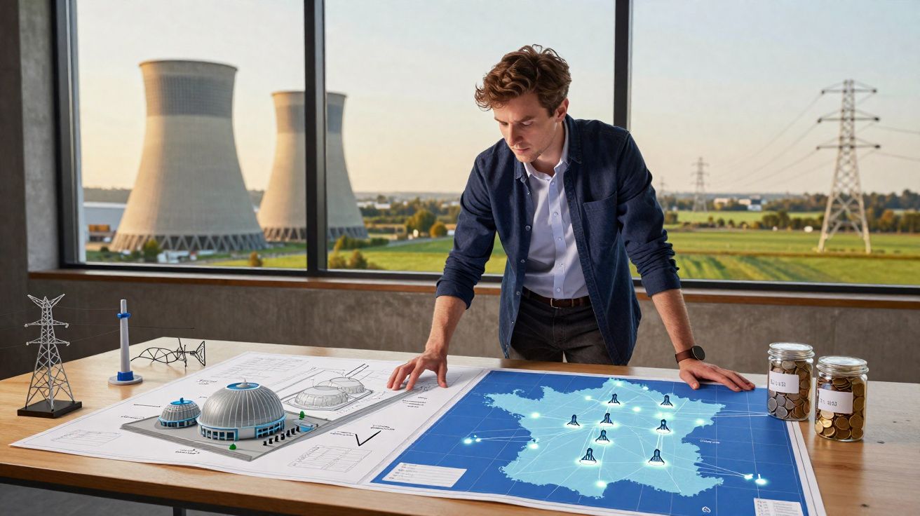 Homem a analisar maquete de usina nuclear e mapa com localizações de centrais nucleares na França.