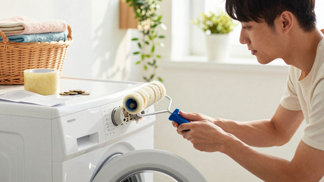 Homem a limpar o painel de controlo da máquina de lavar com um rolo de pintura.