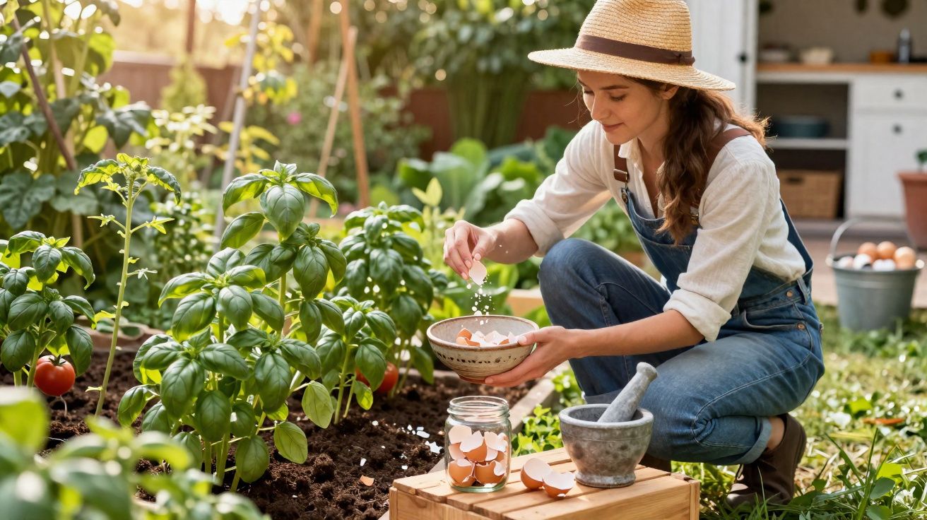 Jovem a fertilizar plantas num jardim com cascas de ovos, usando chapéu de palha e roupa de jardinagem.