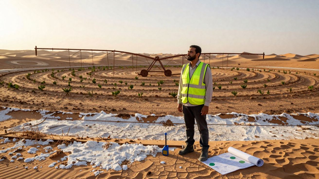 Homem com colete refletor observa plantação circular no deserto com sistema de irrigação automática.