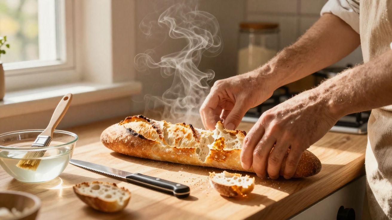 Mãos a rasgar um pão quente e fumegante numa cozinha luminosa junto a uma tábua de madeira.