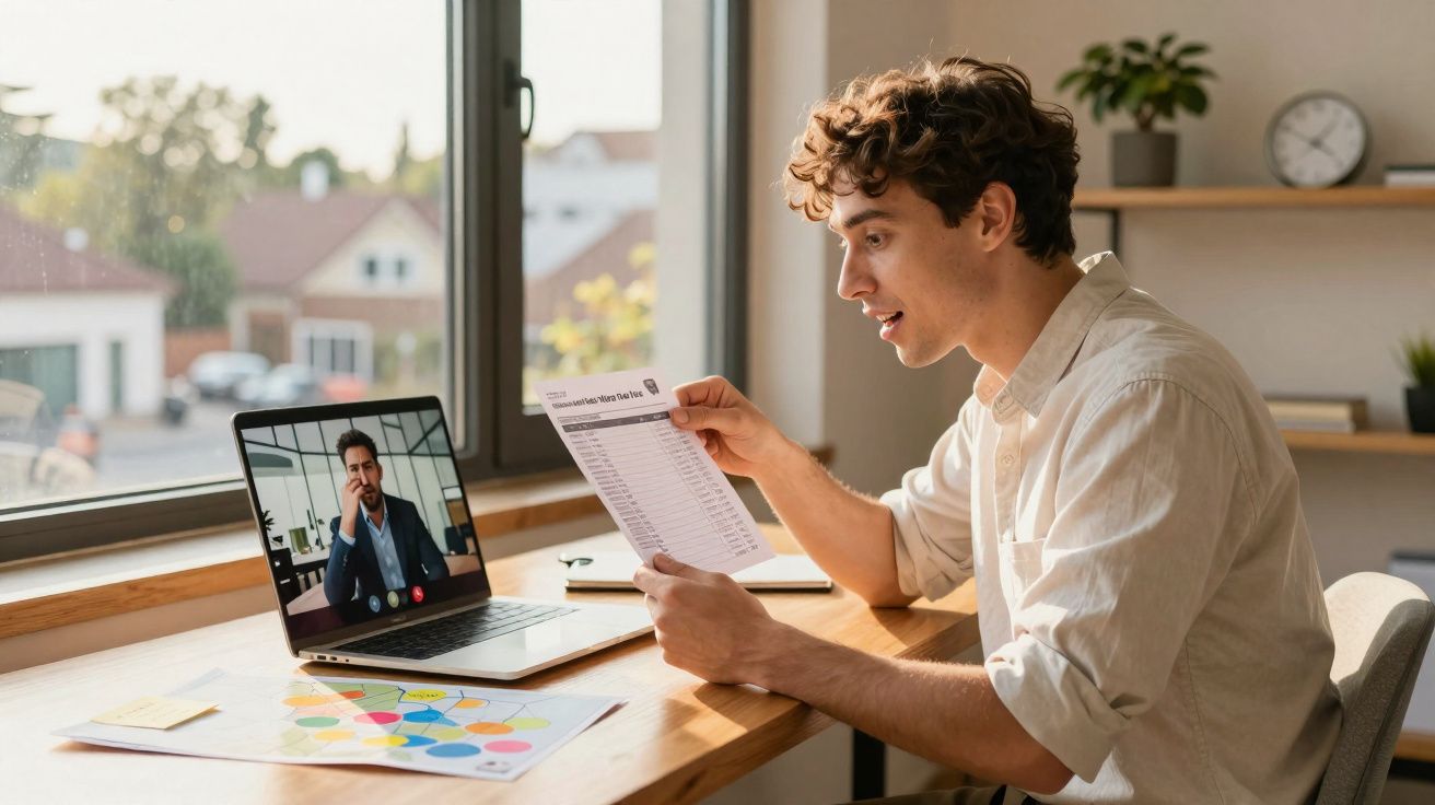 Homem jovem a fazer videochamada e a analisar um documento num escritório luminoso junto à janela.