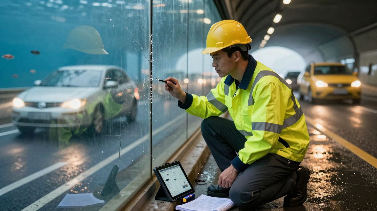 Trabalhador em colete refletor e capacete amarelo inspeciona vidro num túnel com carros ao fundo.
