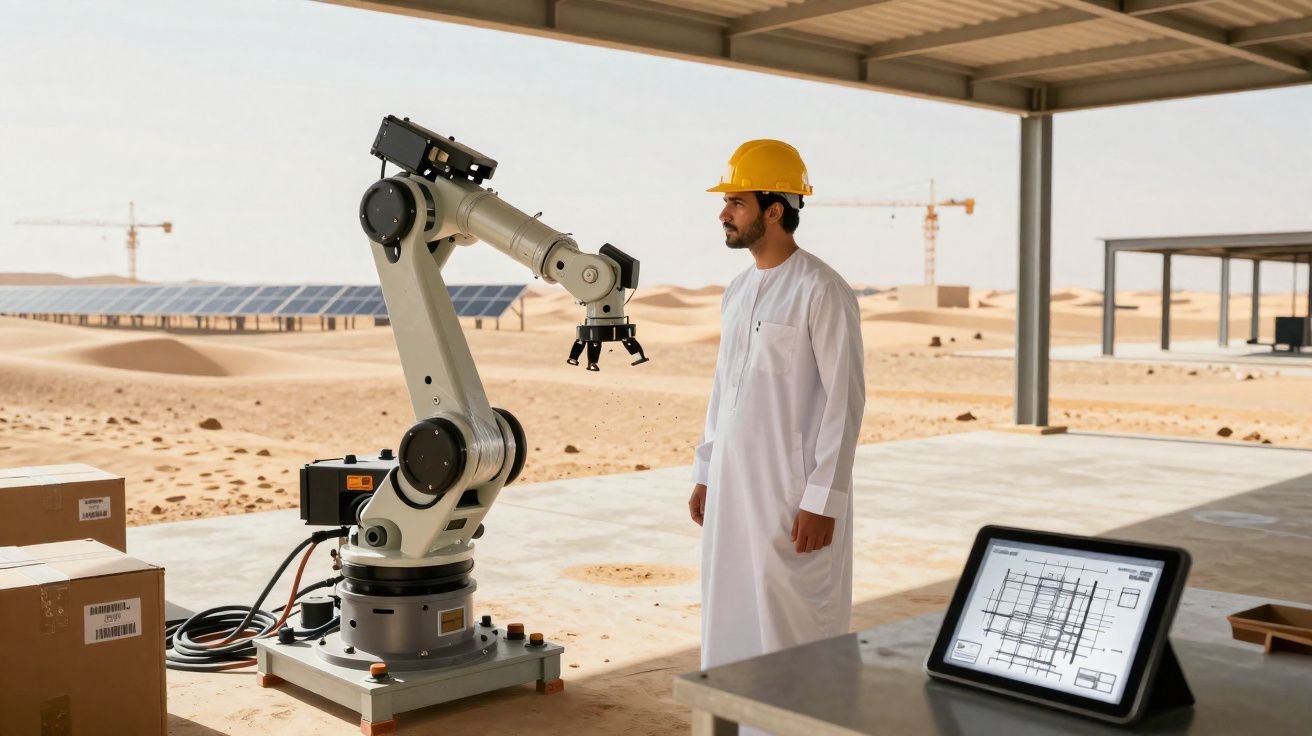 Homem com capacete amarelo observa braço robótico num ambiente industrial ao ar livre no deserto.