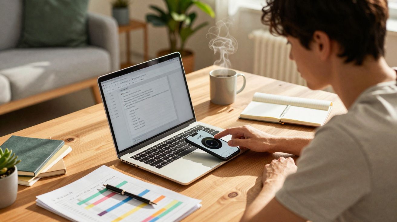 Pessoa a usar smartphone sobre portátil com gráficos, caderno e chá com vapor numa mesa de madeira.