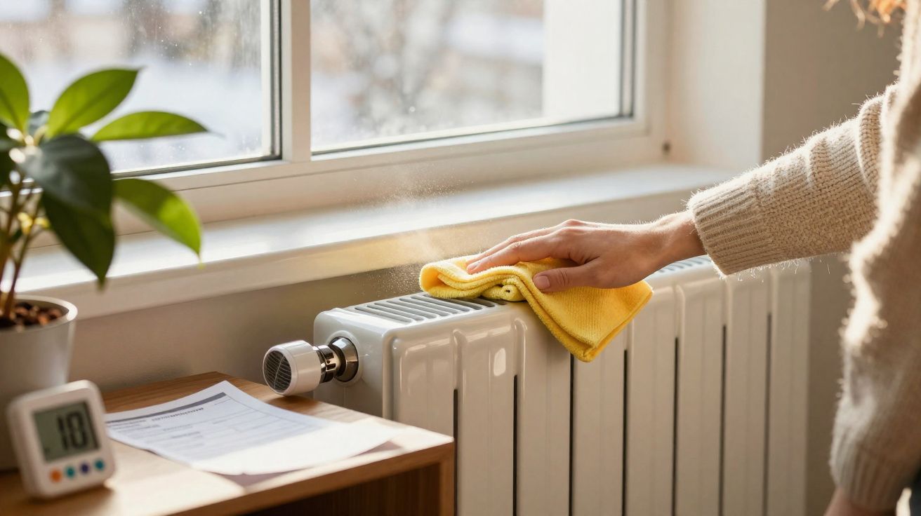 Pessoa a limpar um radiador branco com um pano amarelo numa sala junto a uma janela com planta.