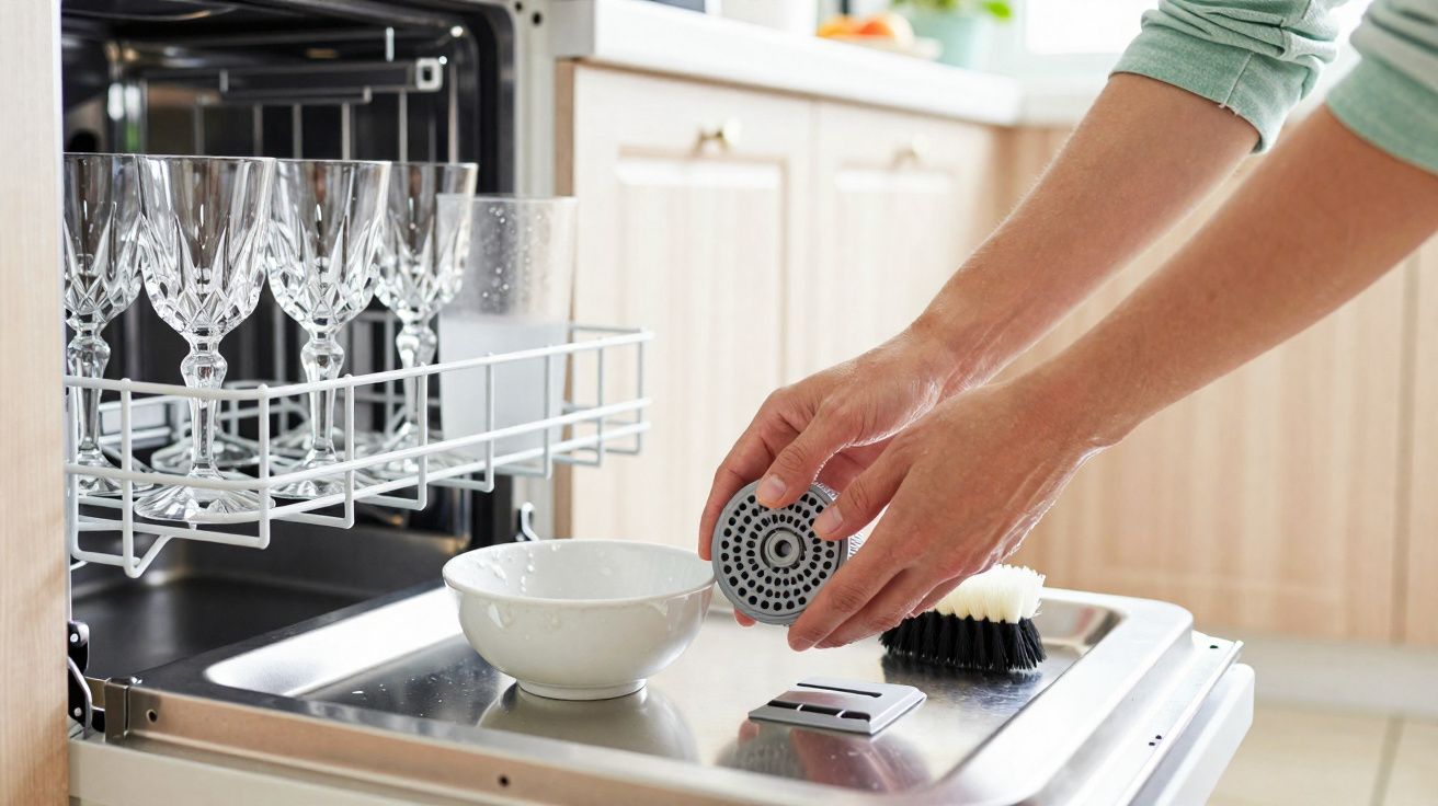 Pessoa a limpar o filtro de uma máquina de lavar loiça aberta, com copos e taças no interior.