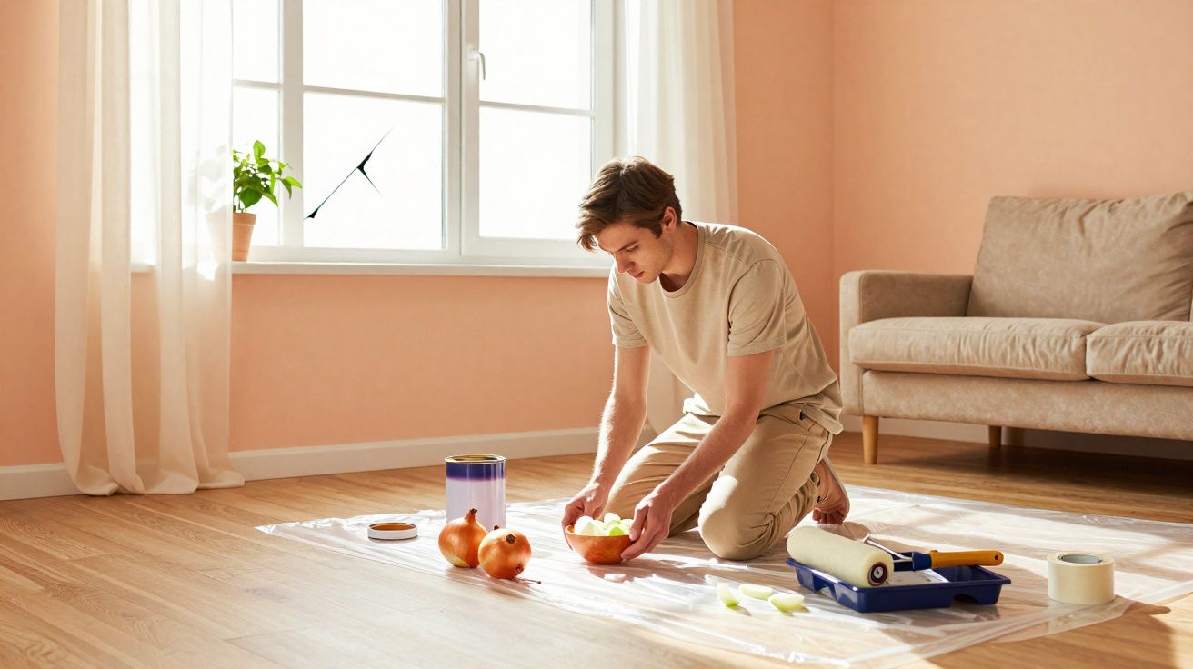 Jovem ajoelhado no chão a preparar cebolas num quarto com paredes cor-de-rosa e sofá castanho.