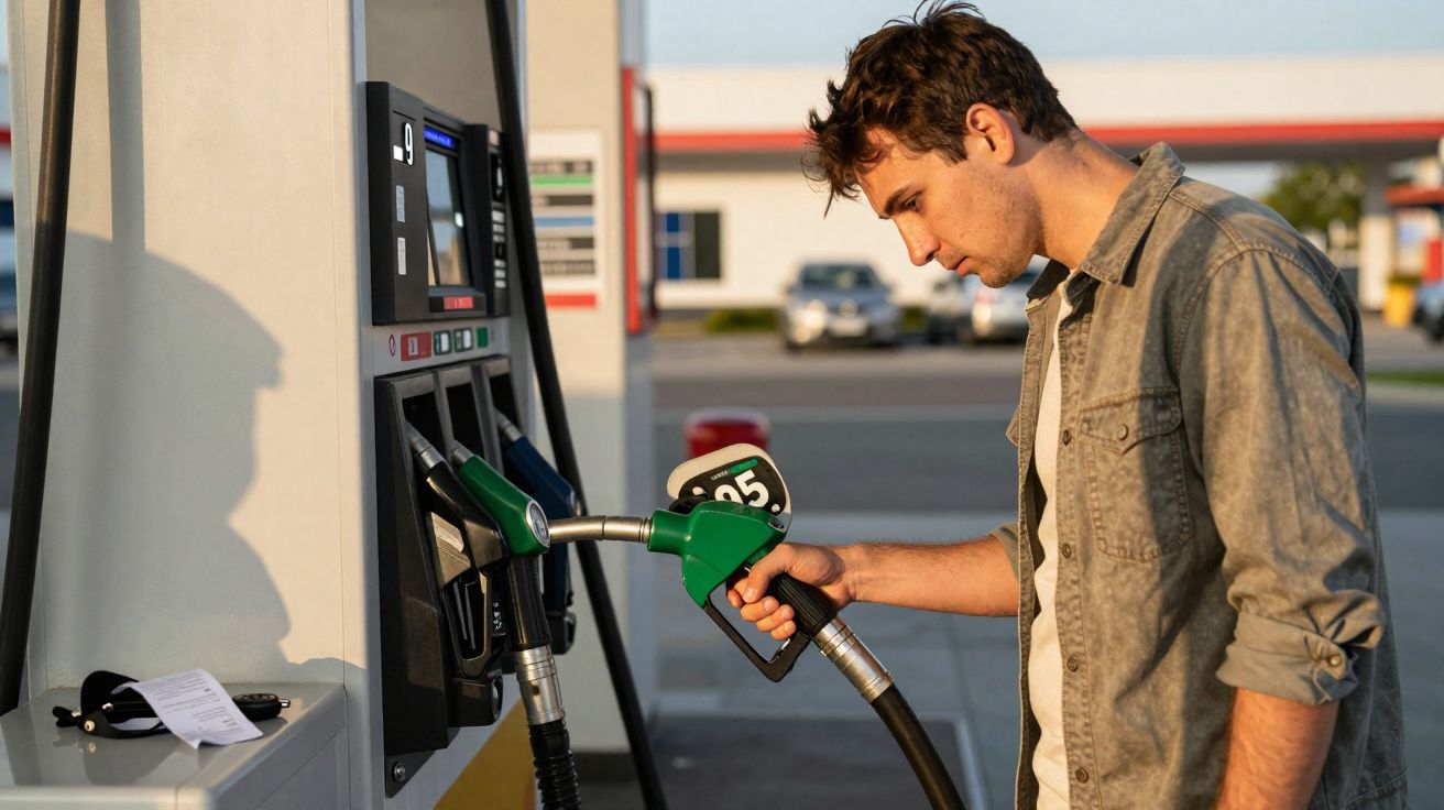 Homem a abastecer um veículo com gasolina numa bomba de combustível numa estação de serviço.