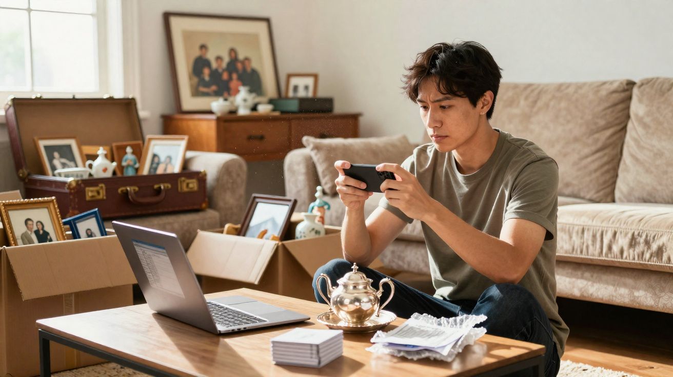 Homem sentado no chão a tirar foto com telemóvel de um objeto na mesa da sala.