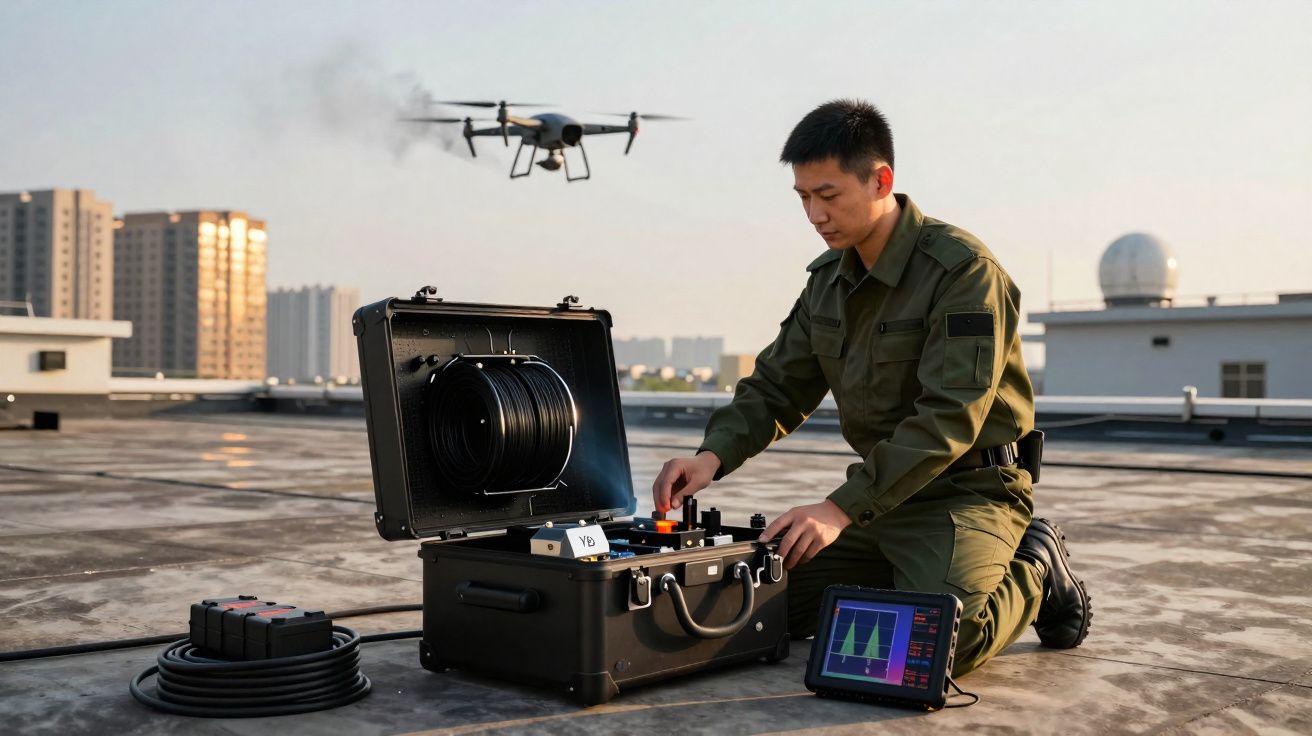 Homem em uniforme a operar equipamento de controlo remoto para drone num terraço urbano ao pôr do sol.
