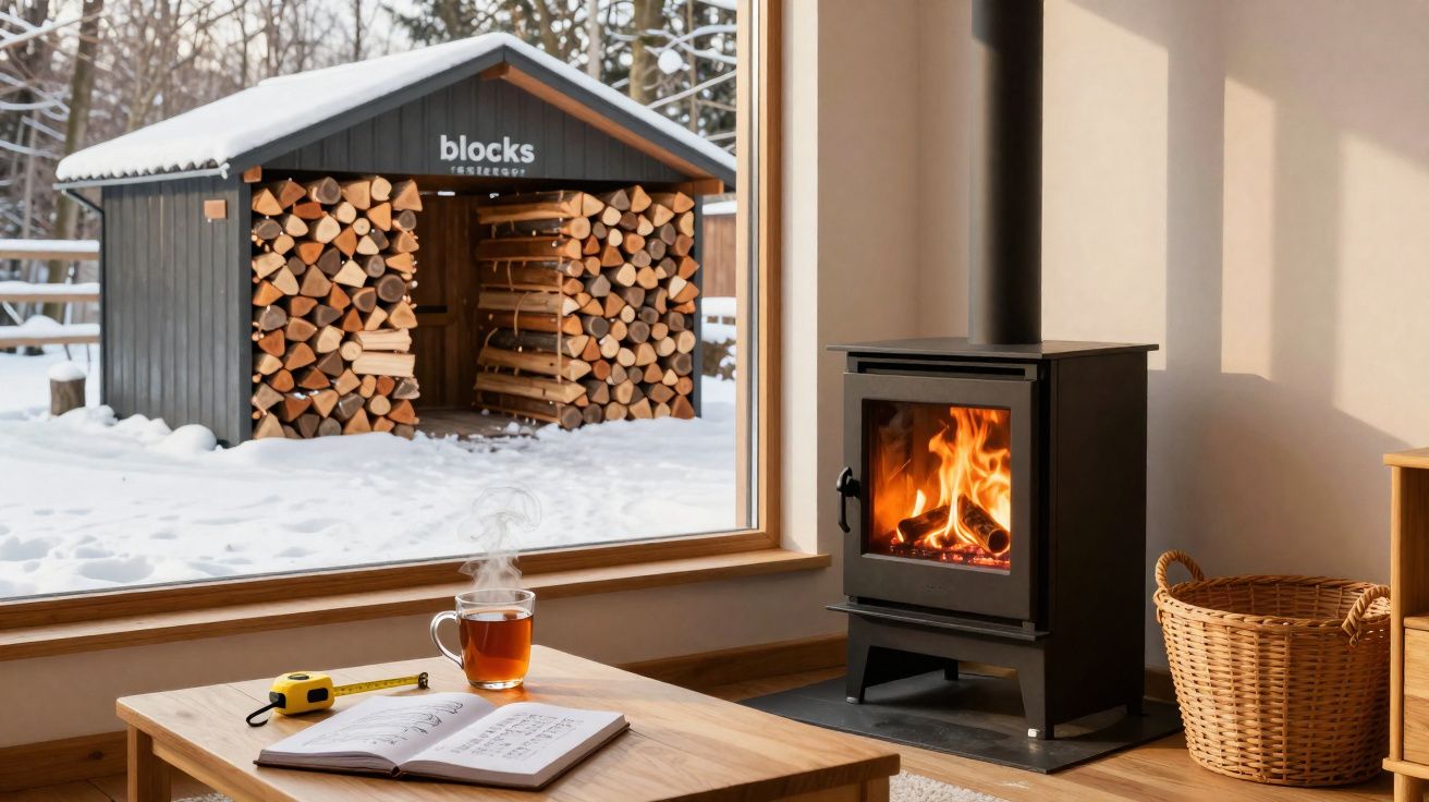 Interior acolhedor com lareira acesa, copo de chá, livro e lenha empilhada sob neve visível pela janela.