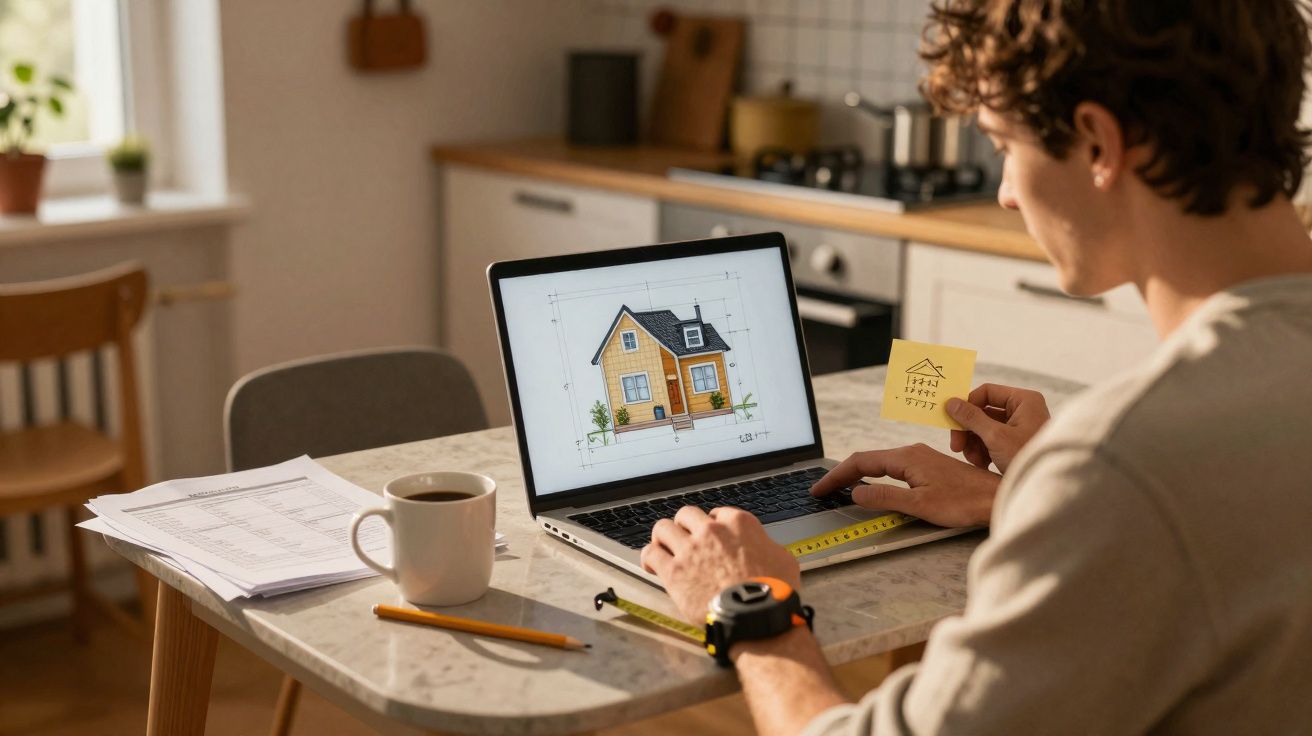 Homem a trabalhar no desenho de uma casa no computador num ambiente acolhedor, com café e documentos na mesa.