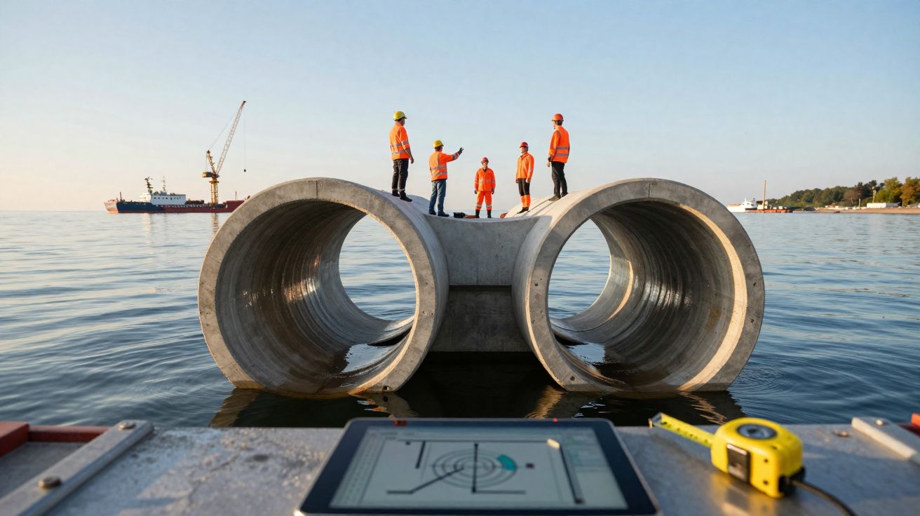 Cinco trabalhadores de construção com coletes e capacetes em estrutura de tubos sobre água, com navios ao fundo.