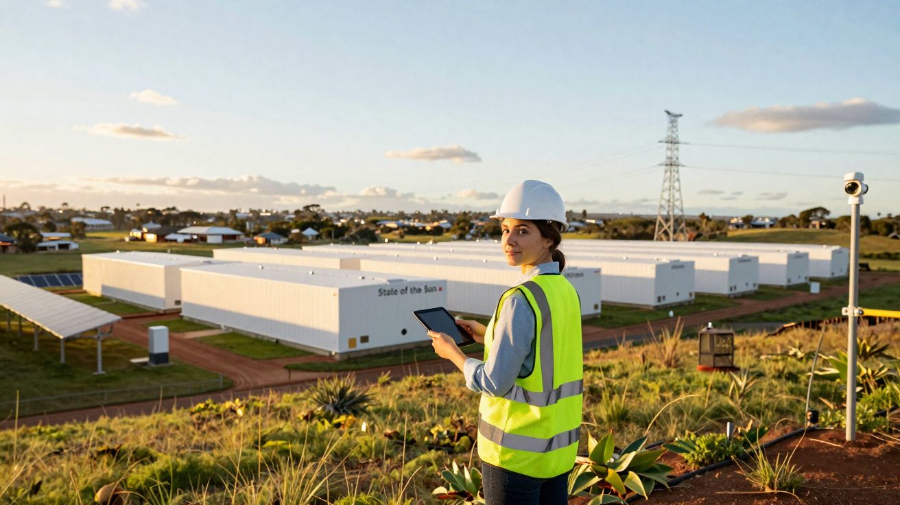 Engenheira com colete refletor e capacete, a operar tablet perto de painéis solares ao pôr do sol.