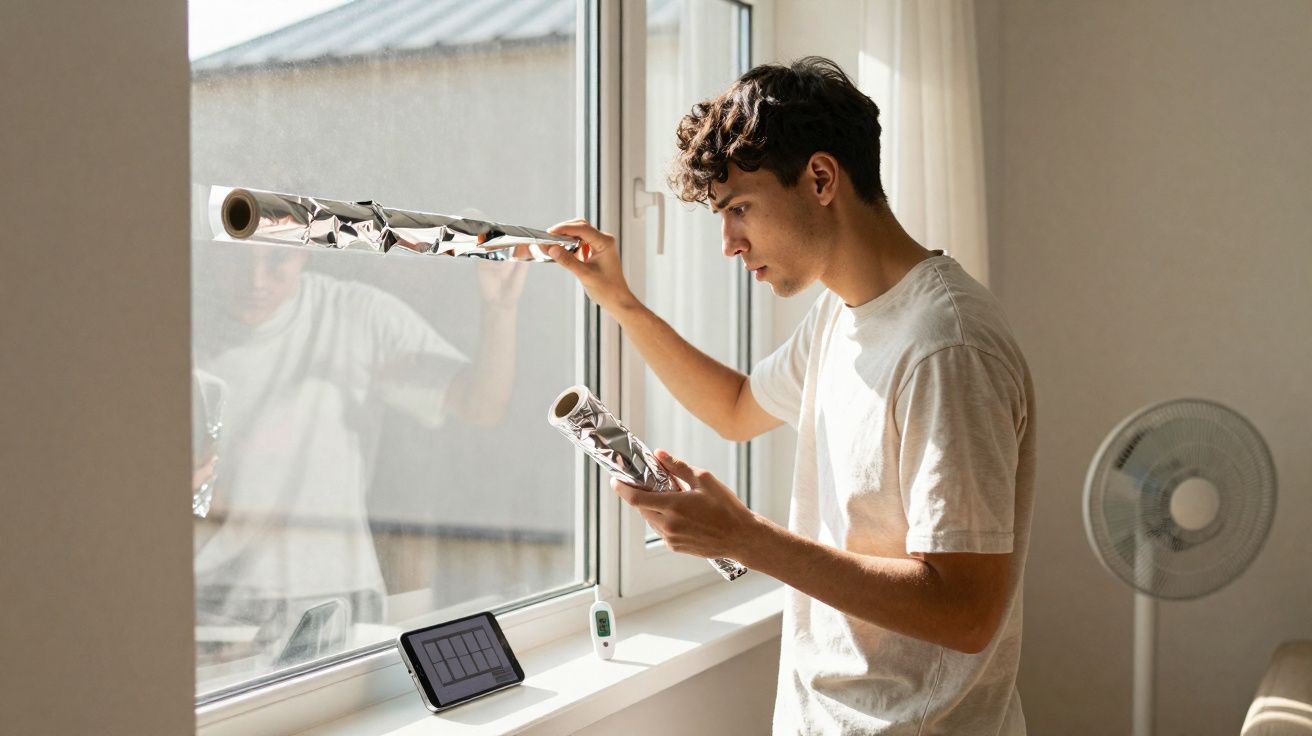 Homem a aplicar película refletora em vidro de janela num ambiente interior iluminado.