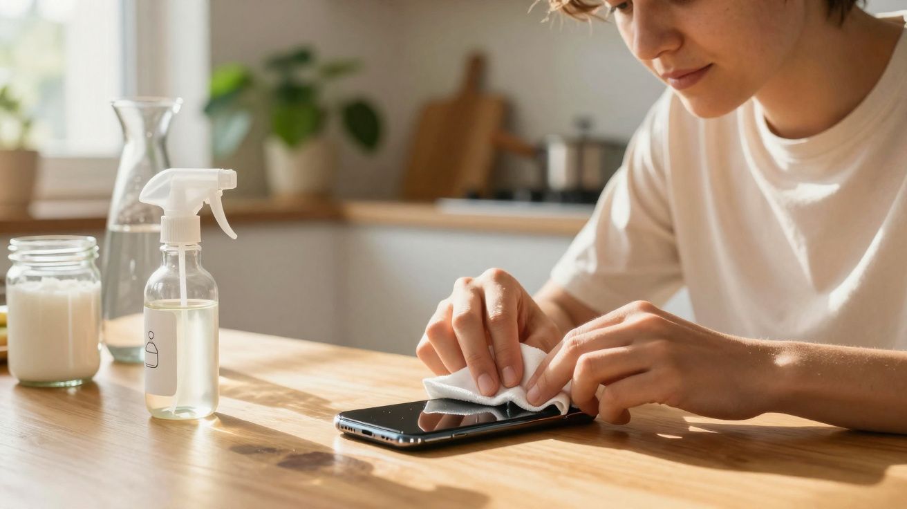 Pessoa a limpar e desinfetar um telemóvel com um pano branco numa mesa de madeira.