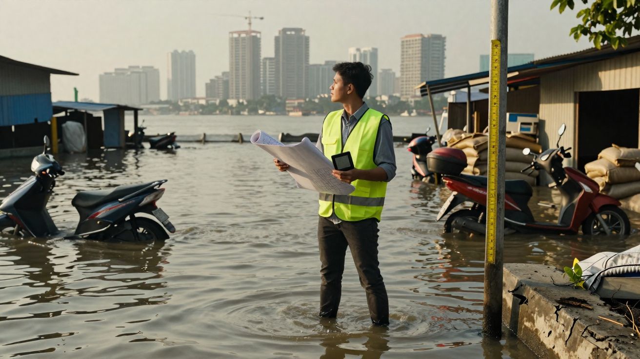 Homem com colete refletor analisa planta junto a motos e casas inundadas numa zona urbana.