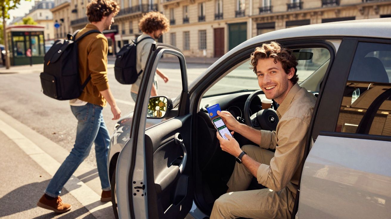 Homem sorridente sentado no carro com bilhetes na mão, pessoas a atravessar a rua numa zona urbana.