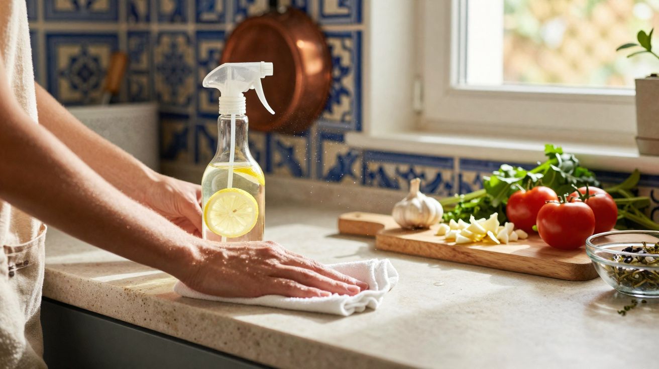 Pessoa a limpar bancada de cozinha com pano e pulverizador, com legumes frescos ao fundo.