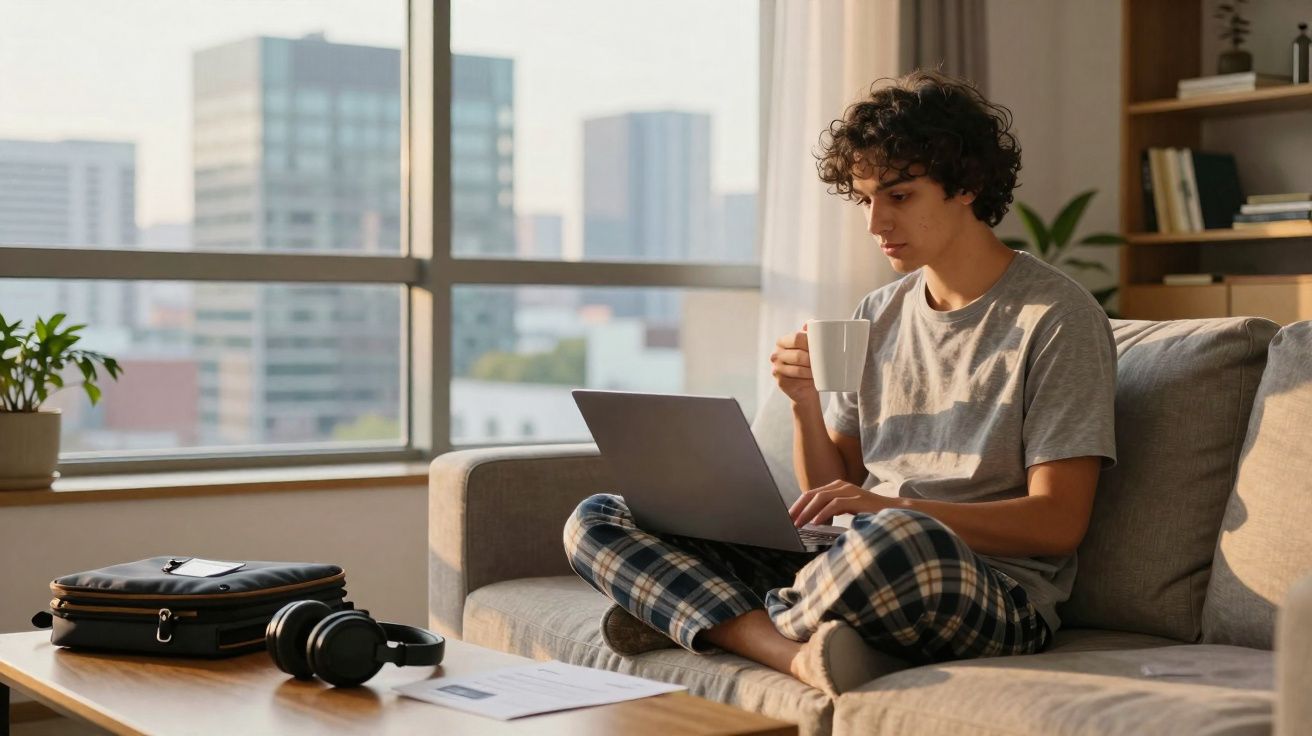 Jovem sentado no sofá a usar portátil e beber de uma chávena, com mala, auscultadores e papéis na mesa.